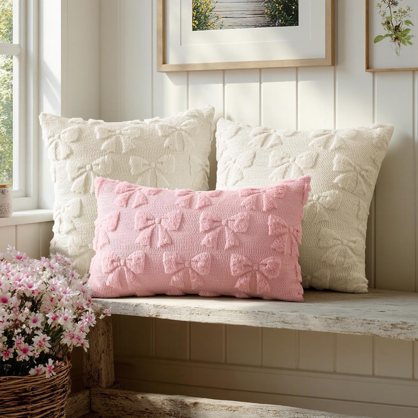MIULEE Pink Bow Pillow Covers Coquette Room Decor Aesthetic Set of 2 Spring Decorative Cute Girl Soft Plush Faux Pillowcase for Preppy Room Decor Bedroom Couch,12x20 Inch