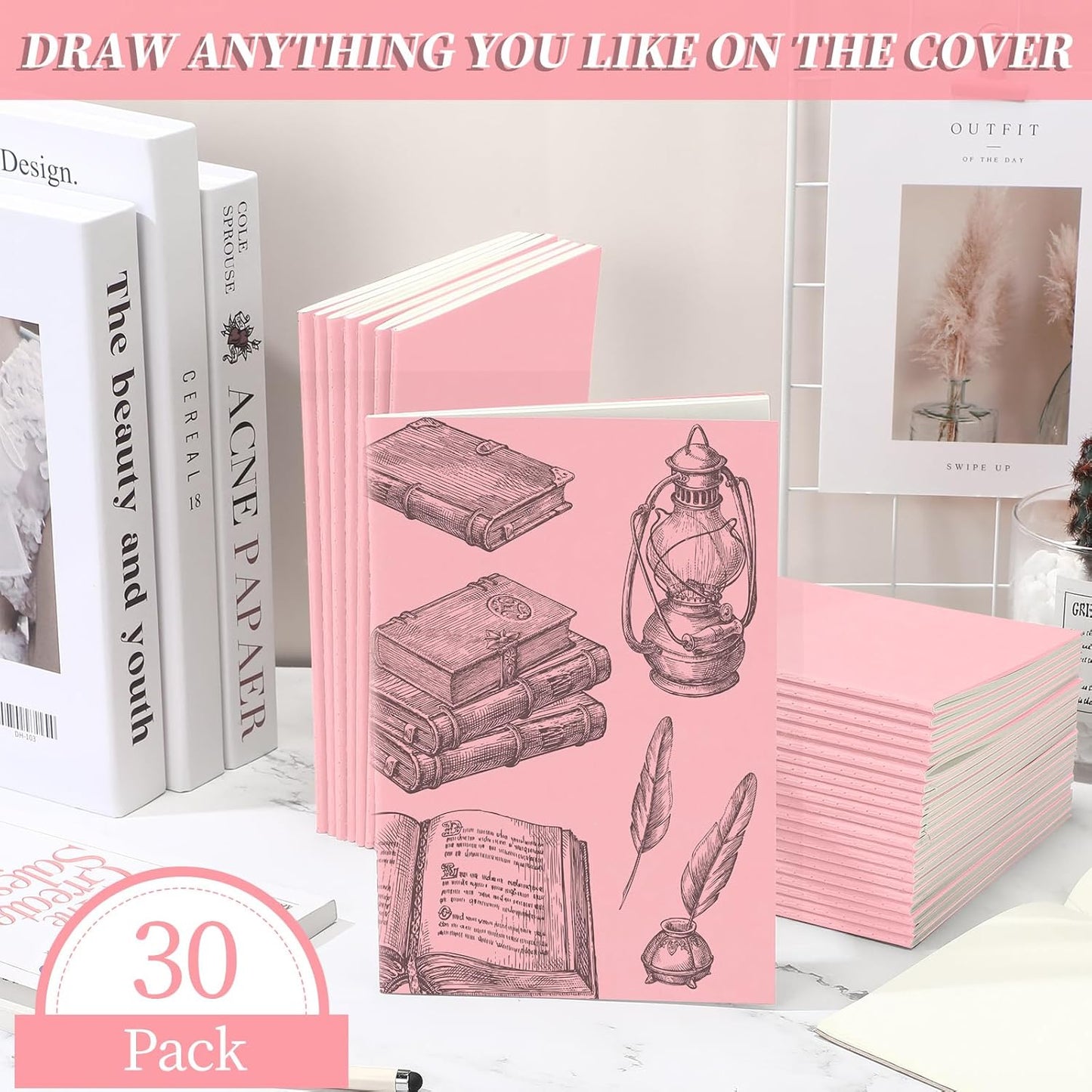 Thenshop 30 Pcs A5 Kraft Notebooks Blank Journal Bulk Unlined Paper Sketchbooks Composition Notebooks 60 Pages 8.3 x 5.5 Inch for Students Office School Back to School Supplies(Pink)