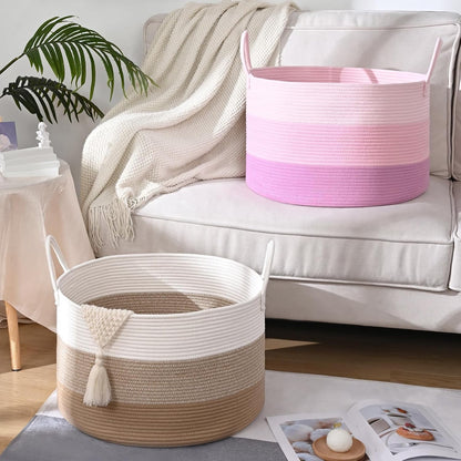 Extra Large Toy Basket, 20"x13" Kids Toy Storage for Playroom Classroom Nursery, Woven Rope Blanket Basket with Handles, Stuffed Animal Organizer & Dog Toys Basket, Pink