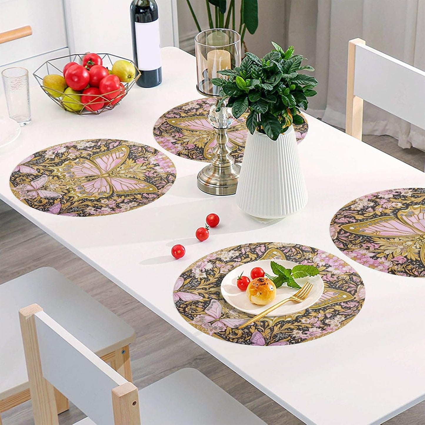 Retro Butterflies Pattern Gold and Peach Round placemates Reversible Quilted placemat Washable Plastic placemats placemats for Dining Table Waterproof placemat Place Settings for 6 for