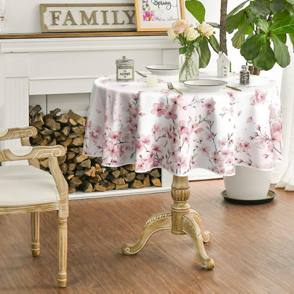 Horaldaily Spring Tablecloth 60×60 Inch Round, Pink Cherry Blossoms Washable Seasonal Table Cover for Party Picnic Dinner Decor