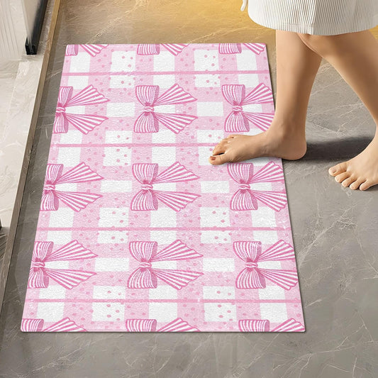Pink Striped Bows Bathroom Rug, Non Slip Dry Quickly Bath Mat, Absorbent Soft Bath Rug, Home Decor Accessories, 24"x16"