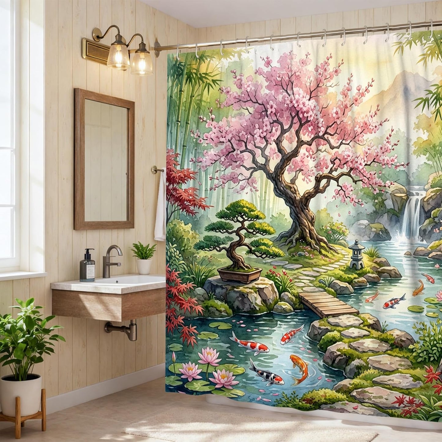 Cherries Blossom Shower Curtain, Zen Nature Carp Fish Bonsai Tree Spring Peach Waterproof Fabric Clawfoot Tub Shower Curtains Decor for Bathroom Guest Room 72x78 Inch