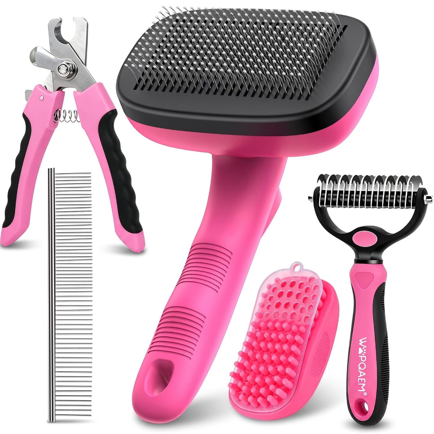 5PCS Self Cleaning Slicker Brush and Dog Grooming Kit, Pink | Deshedding Brush Kit for Dogs & Cats, Ideal for Short Long Hair, Daily Detangling & Cleaning Mats at Home or Travel