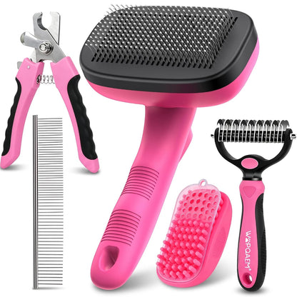 5PCS Self Cleaning Slicker Brush and Dog Grooming Kit, Pink | Deshedding Brush Kit for Dogs & Cats, Ideal for Short Long Hair, Daily Detangling & Cleaning Mats at Home or Travel