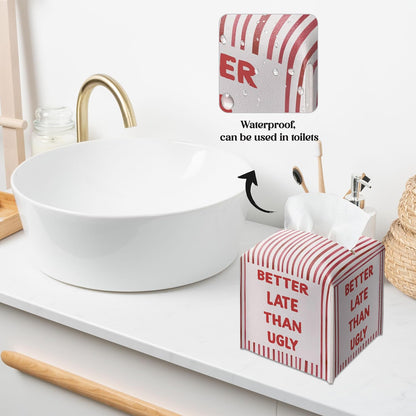 Better Late Than Ugly Pink Tissue Box Cover, Pink Bathroom Decor, Square Decorative Tissue Box Holder, for College Girls Women, Leather Toilet Paper Cover for Dorm Tabletop-A36