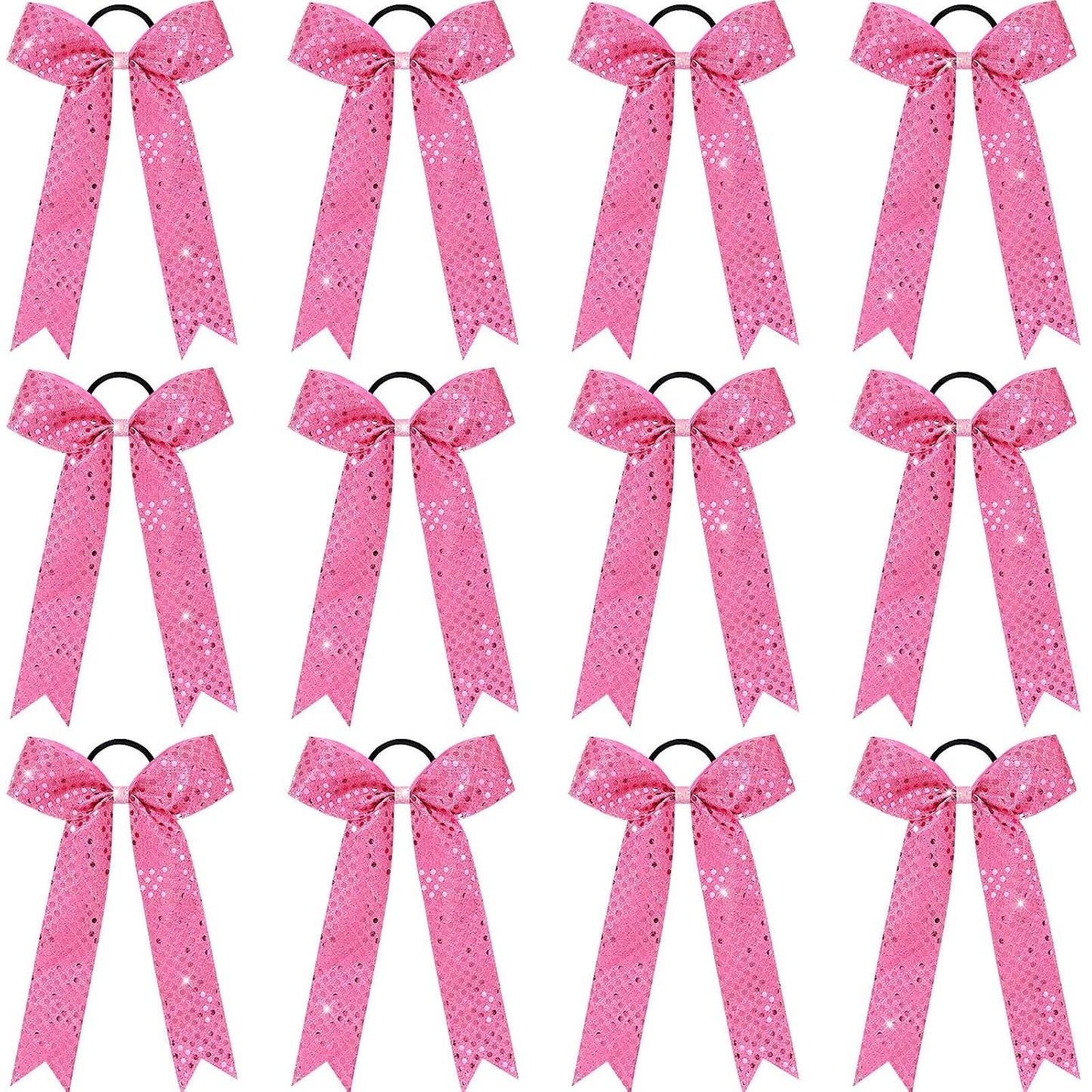 VOBOBE 12PCS Glitter Long Tail Cheer Bows for Cheerleader, Pink Shiny Cheer Hair Tail Ponytail Holder for Cheerleading Girls Softball Sports (Pink)