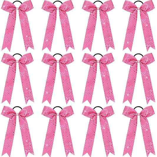VOBOBE 12PCS Glitter Long Tail Cheer Bows for Cheerleader, Pink Shiny Cheer Hair Tail Ponytail Holder for Cheerleading Girls Softball Sports (Pink)
