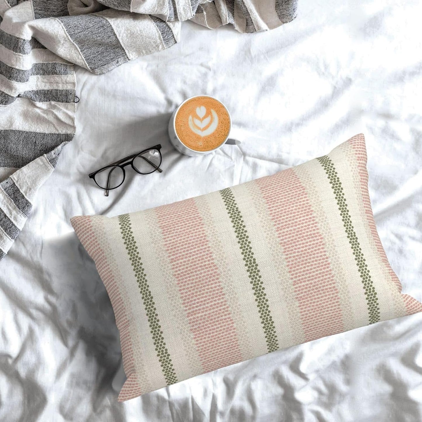 Boho Pillow Covers 12x20 Set of 2 Sage Green Pink Stripe Polka Dot Throw Pillow Covers Outdoor Decoration Modern Abstract Decorative Pillowcase Farmhouse Linen Lumbar Cushion Case for Home Sofa
