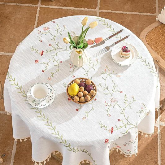 Alsoo Round Tablecloth 55", Spring Pink Floral Embroidery & Tassels, Farmhouse Rustic Linen Style Table Cloth, Heavy Weight Wrinkle & Spill Resistant Table Cover for Dining Kitchen 2-4 Seats