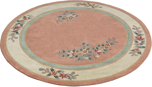 Touch of Class Elegant Corner Floral II Round Rug | Coral Peach | 7 feet 6 inches | Handcarved, Hand-Tufted, Luster Washed, Thick Pure Wool Circle Rug with Traditional Flowers