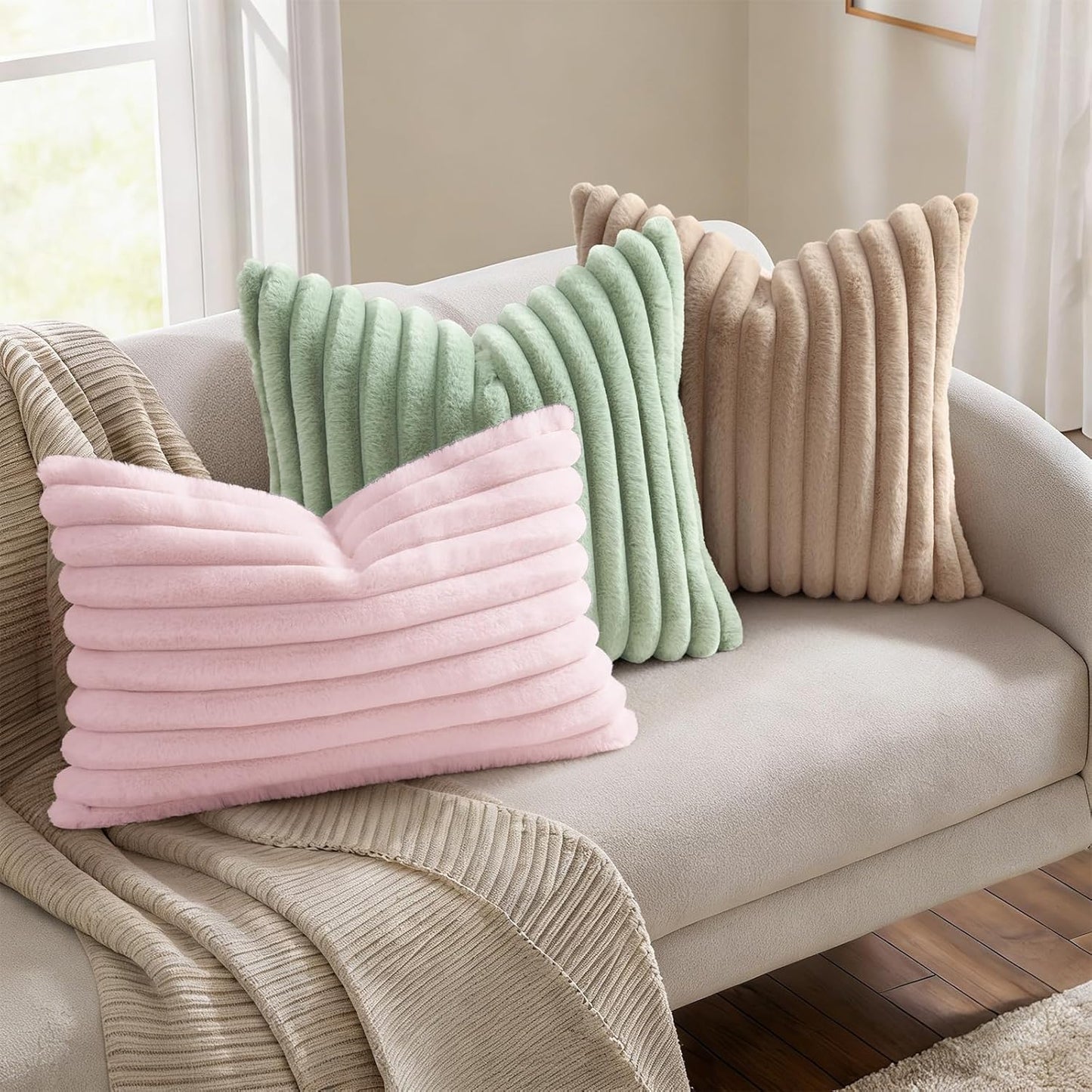 Simmore Faux Fur Couch Throw Pillow Covers 18x18 Set of 2, Decorative Soft Striped Plush Pillow Covers with Velvet Back for Sofa Bed Living Room, Pink