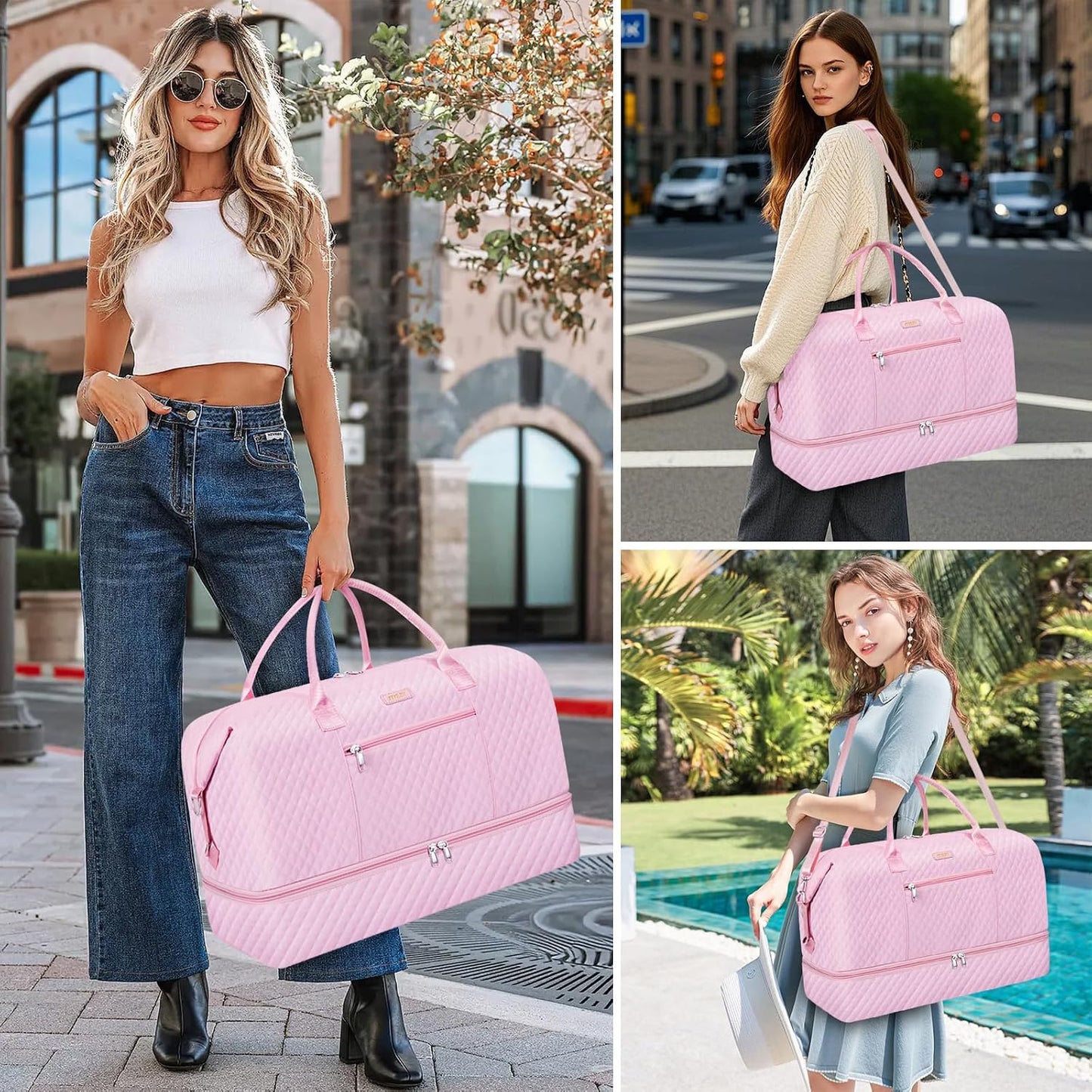 ITIEZY Weekender Overnight Bag for Women - Large Travel Duffel Bag with Shoe Compartment, Gym Duffel Bag Hospital Bag Carry On Tote Bags for Airplanes with Crossbody Bag Toiletry Bag 3Pcs Set