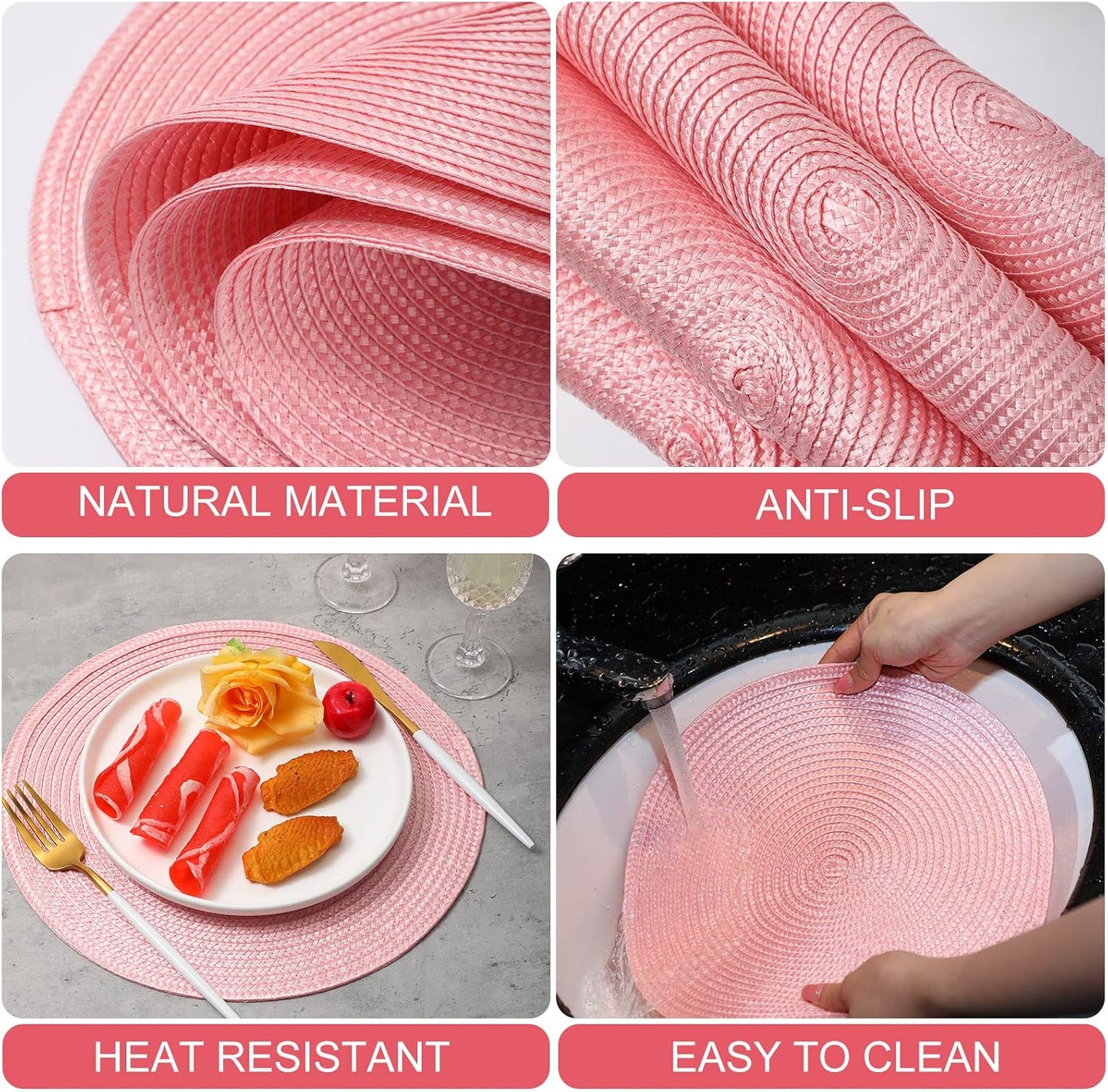 Buryeah 24 Pieces 13 Inch Christmas Round Placemats Circle Woven Place Mats Boho Decor Dining Table Mats Table Scape Hosting Friends for Wedding Birthday Dinner Parties (Pink)