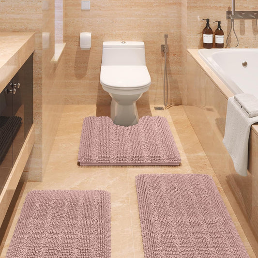 Striped Dusty Pink Bathroom Rug Set 3 Pieces Ultra Soft, Non Slip Chenille Bath Carpet, Absorbent Plush Shaggy Bath Mats for Bathroom, Toilet, Bedroom, Kitchen