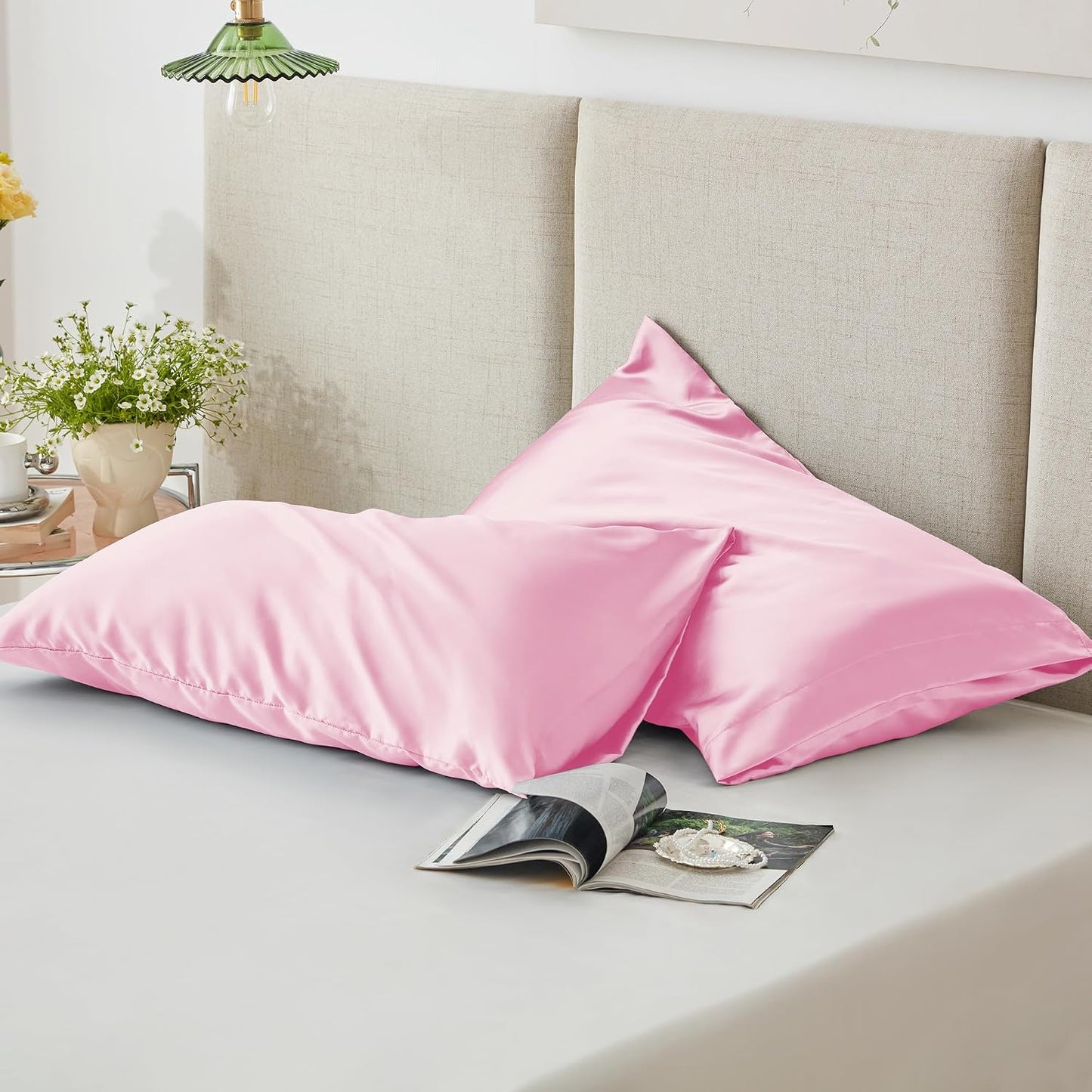 Love's cabin Satin Pillowcase Set of 2 Standard Size 20x26, Cooling Pillow Covers for Hair and Skin, Silky Smooth with Envelope Closure, Similar to Silk, Pink