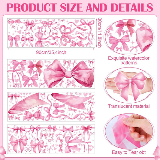 Engrowtic 4 Sheets Pink Bow Wall Decal Sticker Decorations 12 x 35 Inch Bow Wall Stickers Removable Watercolor Decals Decor for Party Bedroom Nursery Door Window Party