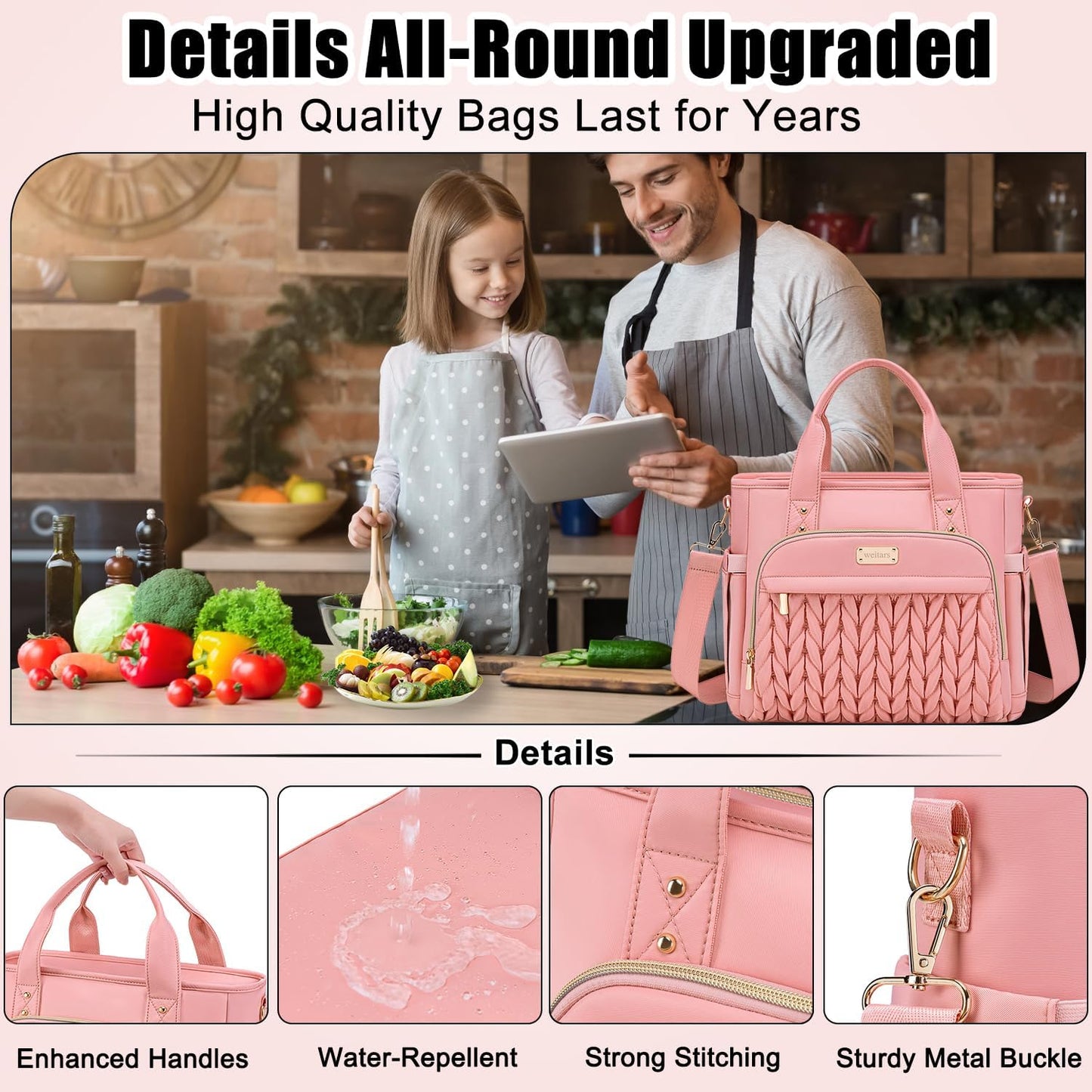 Weitars Insulated Lunch Bag for Women,Leak Proof Lunch Box for Work,Extra Large Lunch Tote Bag With Removable Shoulder Strap with Side Pockets,Reusable Lunch Bag For Picnic Hiking (Pink-02)