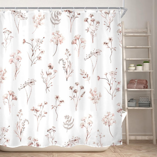 KOMLLEX Boho Pink Floral Shower Curtain for Bathroom Decor 72Wx72H Inches Watercolor Wildflower Botanical Plant Sage Rustic Flowers Cute Cottagecore Girls Fabric Waterproof Polyester 12 Pack Hooks