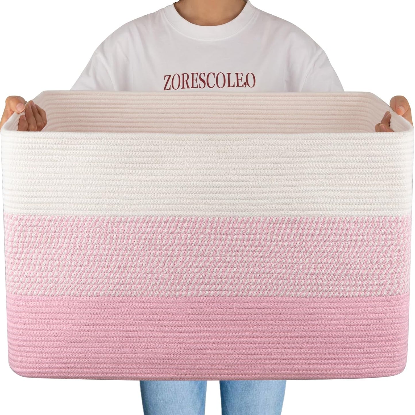 OIAHOMY 108L Super Large Blanket Basket For Living Room, 25”x16”x16” Rectangle Woven Baskets For Storage, Toy Storage with Handle - Pink&White