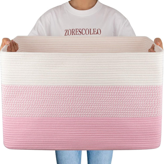 OIAHOMY 108L Super Large Blanket Basket For Living Room, 25”x16”x16” Rectangle Woven Baskets For Storage, Toy Storage with Handle - Pink&White