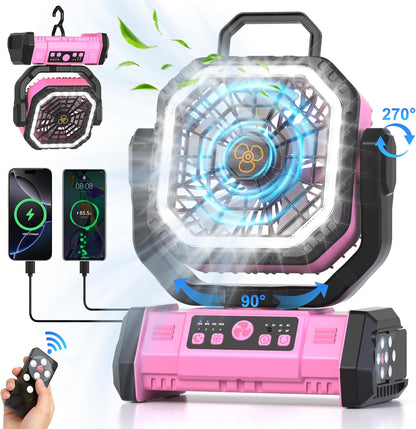 Honesorn Portable Fan Rechargeable 20000mAh, Camping Fan with LED Light & Remote, USB C Cordless Battery Powered, 4 Speeds Timer Hanging Hook for Travel Tent Outdoor Essentials - Pink