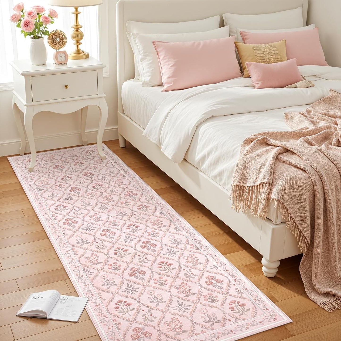 Pink Runner Rug for Bathroom 2x6, Washable Runner Rug Non Slip, Aesthetic Boho Floral Kitchen Area Carpet for Bedroom Hallway Laundry Entryway