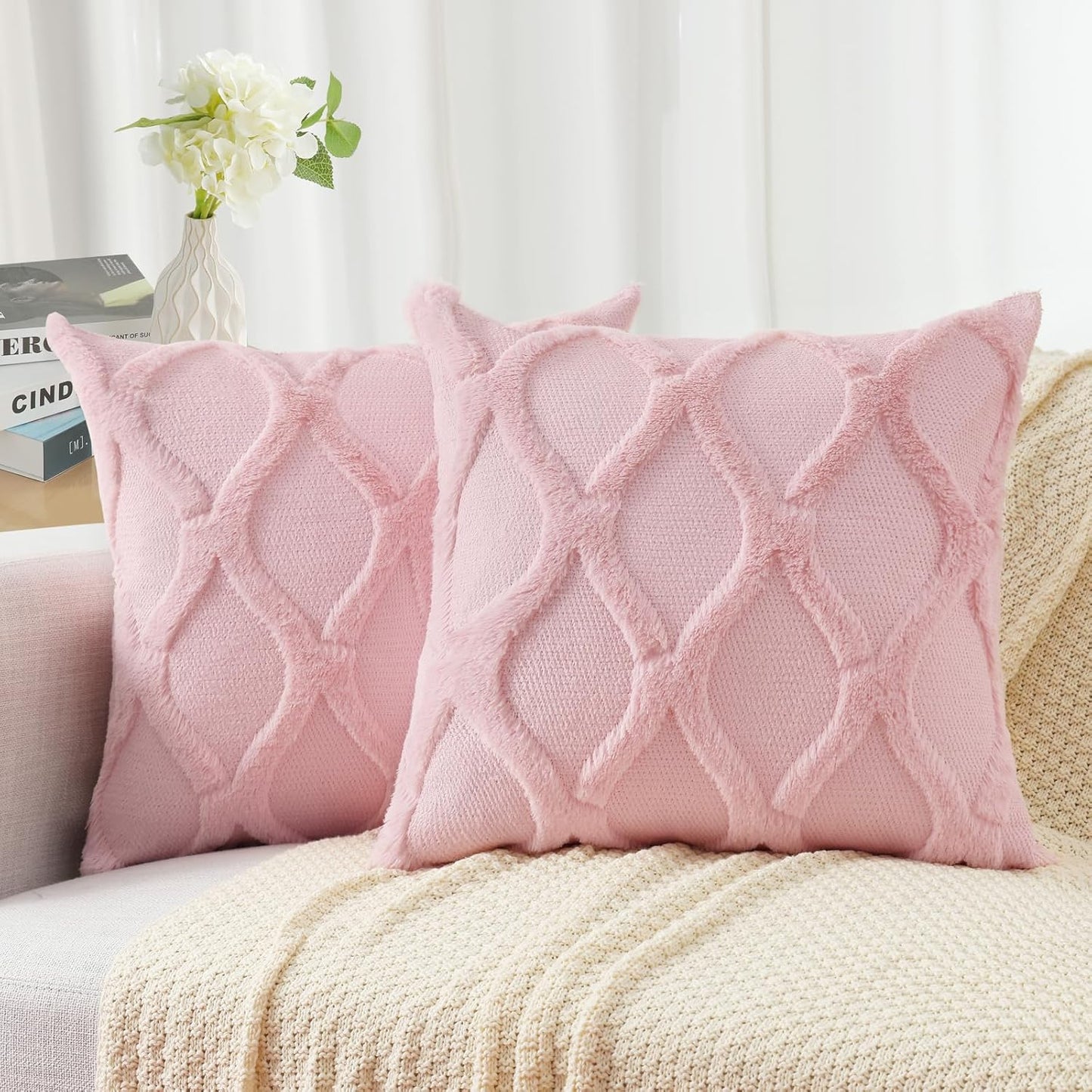 decorUhome Summer Throw Pillow Covers 18x18 Inch Set of 2, Soft Plush Faux Fur Wool Blush Pink Accent Couch Pillow Covers for Modern Farmhouse Bed Sofa Living Room