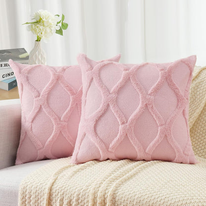 decorUhome Summer Throw Pillow Covers 18x18 Inch Set of 2, Soft Plush Faux Fur Wool Blush Pink Accent Couch Pillow Covers for Modern Farmhouse Bed Sofa Living Room