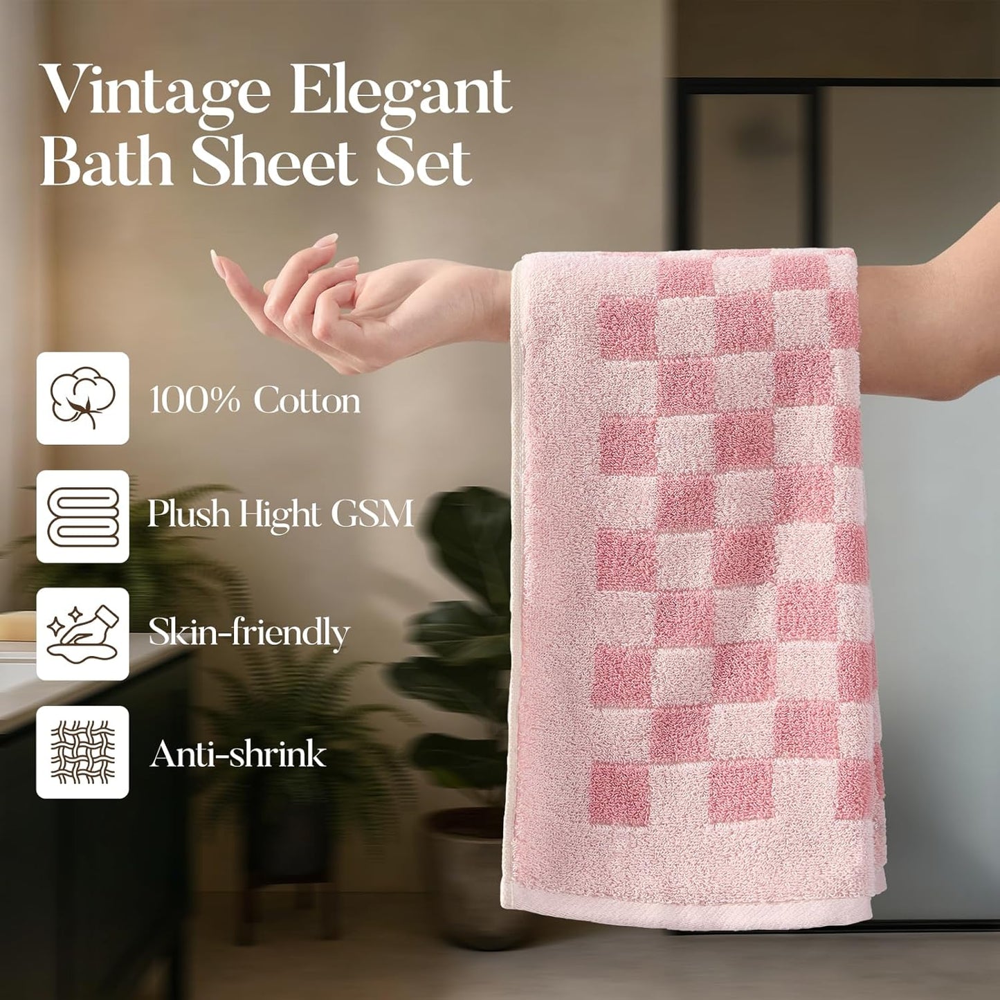 REDKISS 5 Pack Pink Checkered Hand Towel Set - Decorative Hand Towels for Bathroom, 100% Cotton Towel Soft Absorbent, Retro Decorative Bathroom Towel for Kitchen, Gym, and Spa
