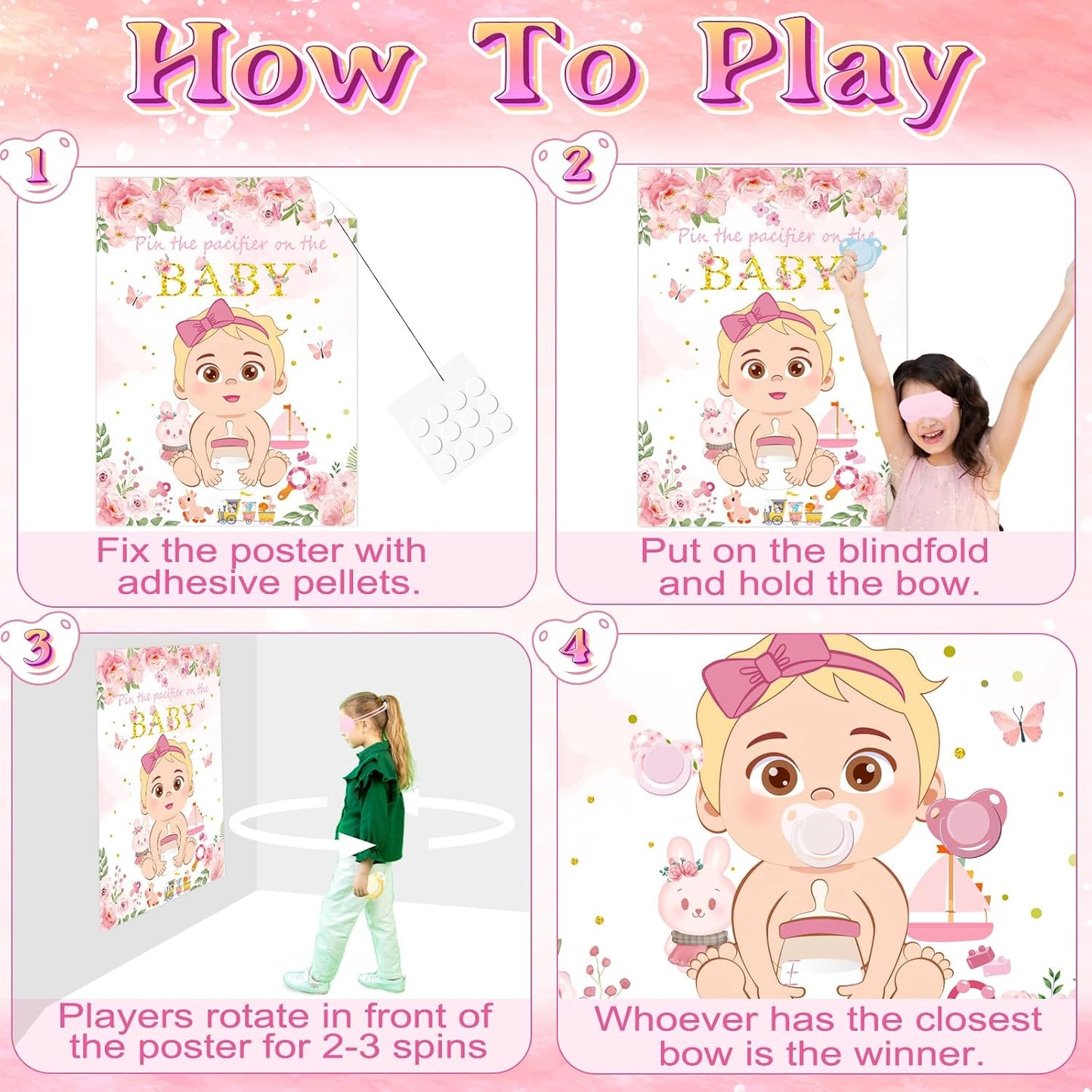 WNINK Pin The Pacifier On The Baby Pink Baby Shower Game Party Decorations Include Large Poster 30 Pacifier Stickers Game Set for Baby Shower Activity, Gender Reveal, Birthday Party Decor Supplies
