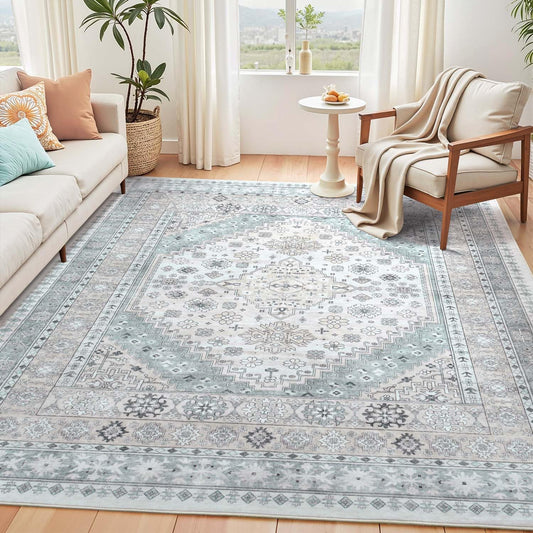 Neutral 5x7 Area Rug, Washable Living Room Rugs, Vintage Boho Carpets, Non Slip & Stain Resistant, Ultra Thin Large Carpet for Bedroom Indoor Dining Under Table Home Decor, Beige/Light Pink