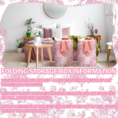 CroBlissful 2 Pcs Pink Floral Laundry Basket Coquette Storage Basket for Girls Nursery Hamper with Handles Foldable Waterproof Collapsible Storage Bin Organizer for College Dorms Bathroom