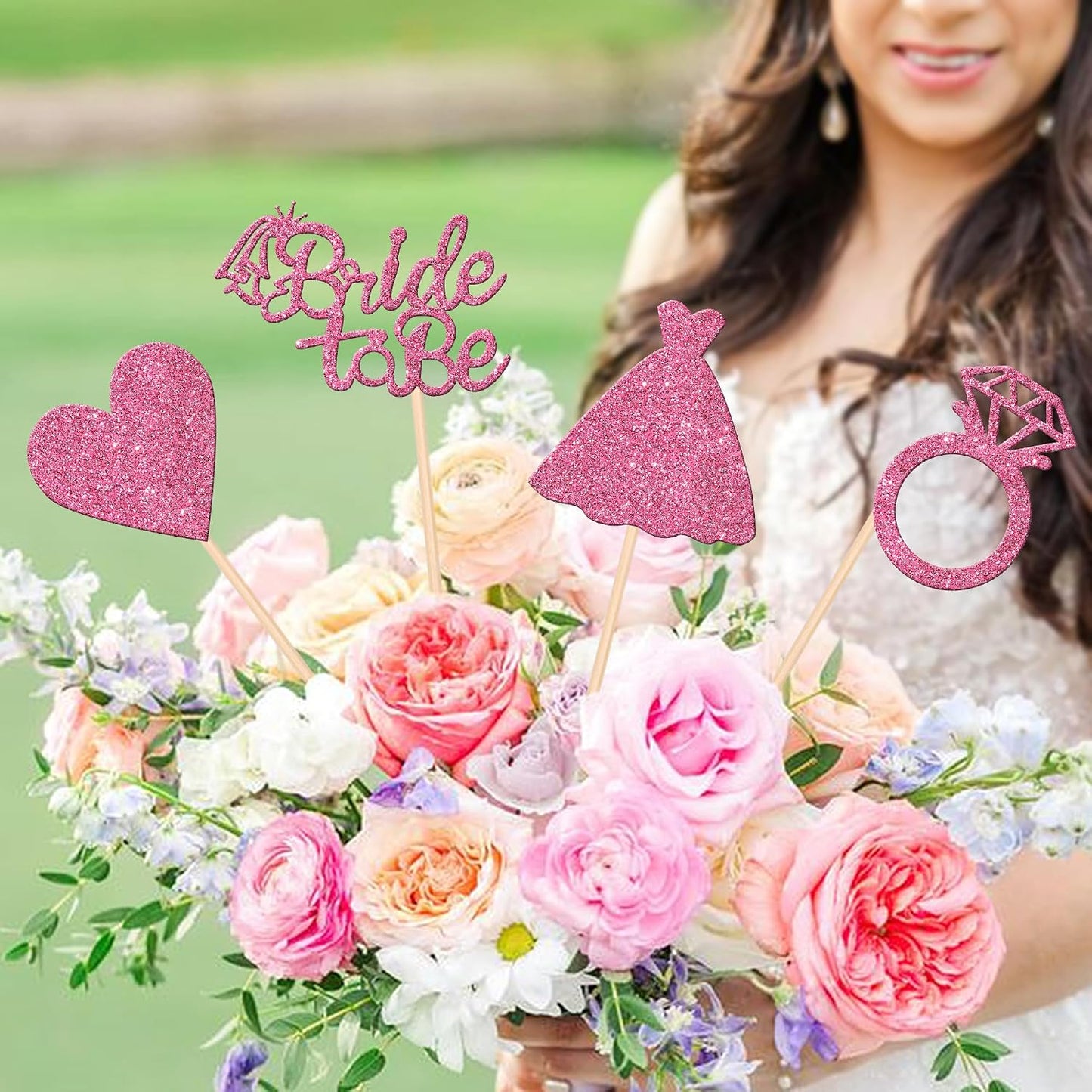 12 PCS Bride to Be Centerpiece Sticks Double Sided Glitter Heart Ring Dress Bridal Shower Table Flower Centerpieces for Wedding Engagement Bachelorette Party Flower Decorations Supplies Pink