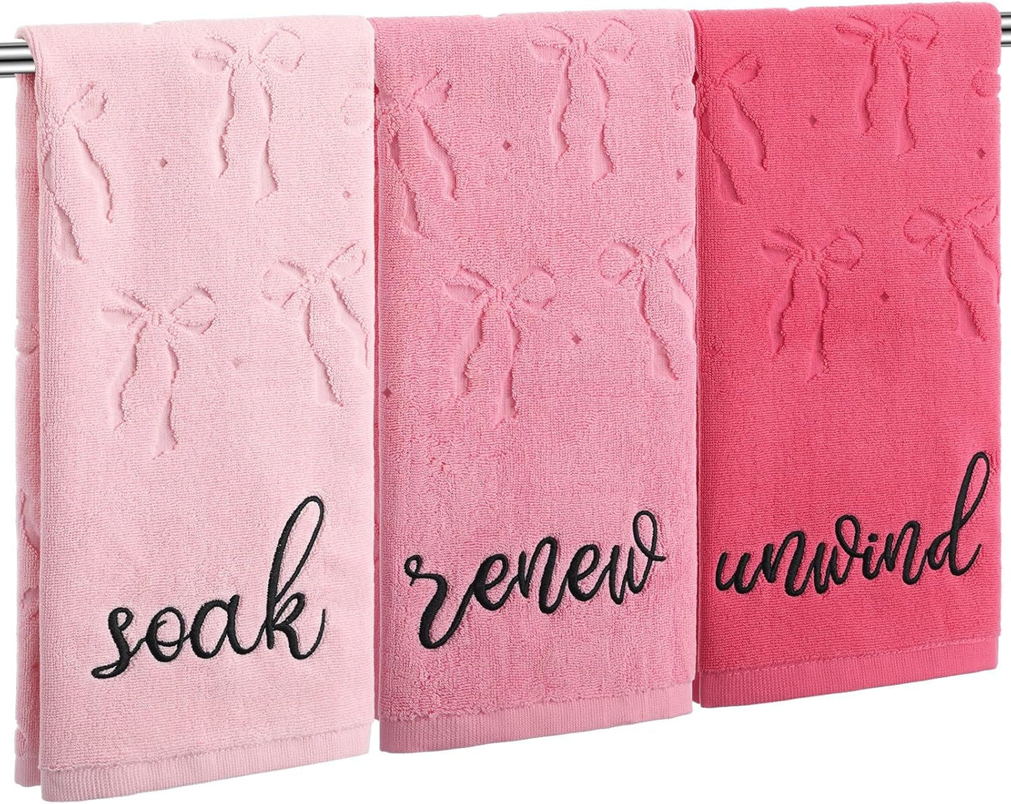 Moukeren 3 Pcs Pink Bow Hand Towels for Bathroom 13.7"x29.5" 100% Cotton 3D Jacquard Embroidered Coquette Bath Towels Soak Breathe for Bathroom Spa Kitchen Dishcloth Gift Set Farmhouse Decorations