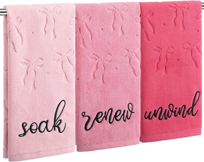 Moukeren 3 Pcs Pink Bow Hand Towels for Bathroom 13.7"x29.5" 100% Cotton 3D Jacquard Embroidered Coquette Bath Towels Soak Breathe for Bathroom Spa Kitchen Dishcloth Gift Set Farmhouse Decorations