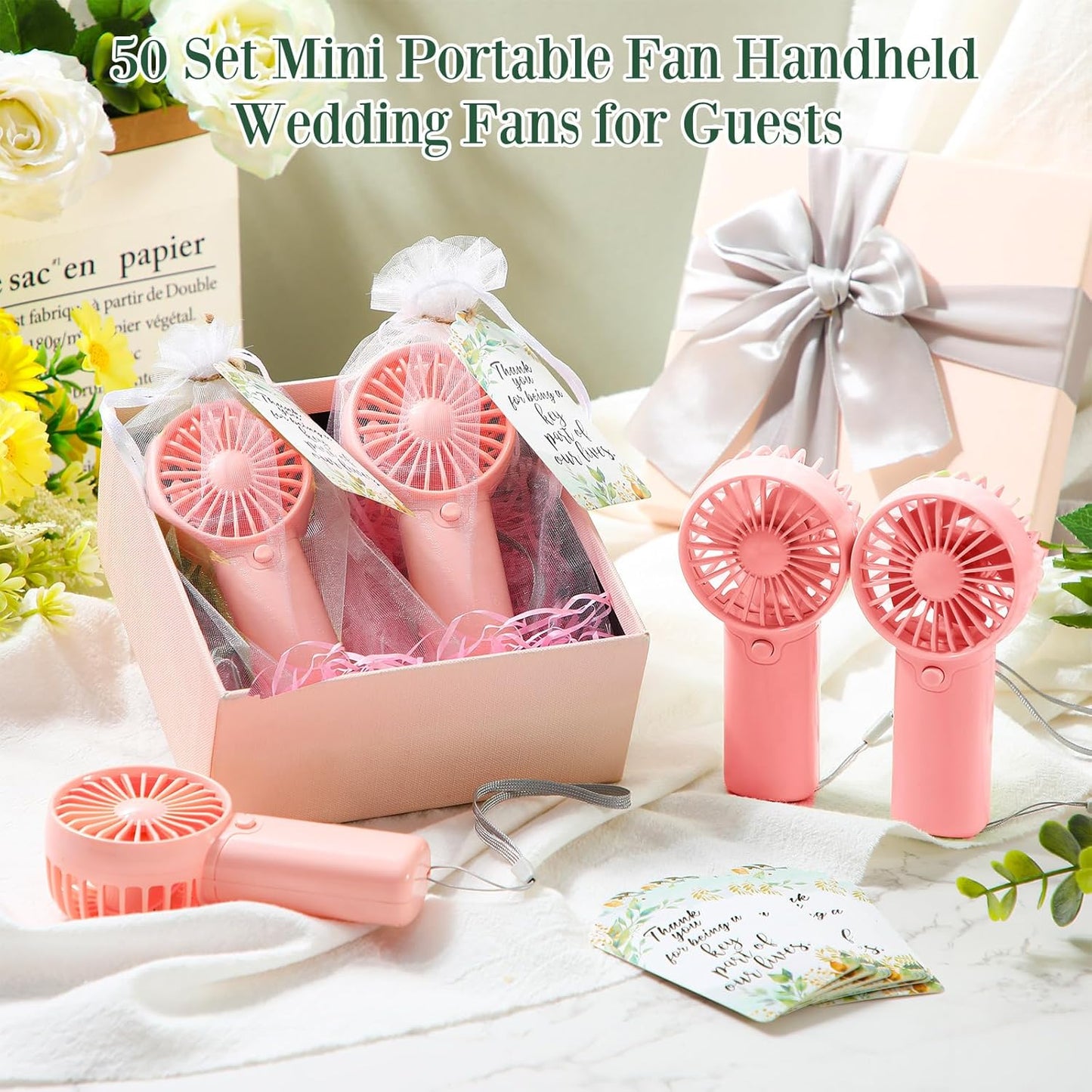 50 Set Wedding Mini Handheld Fans for Guests Bulk, Portable Battery Operated Small Cooling Fans with Thank You Cards & Organza Bags, Perfect for Summer Outdoor Bridal Shower Party Favors (Pink)