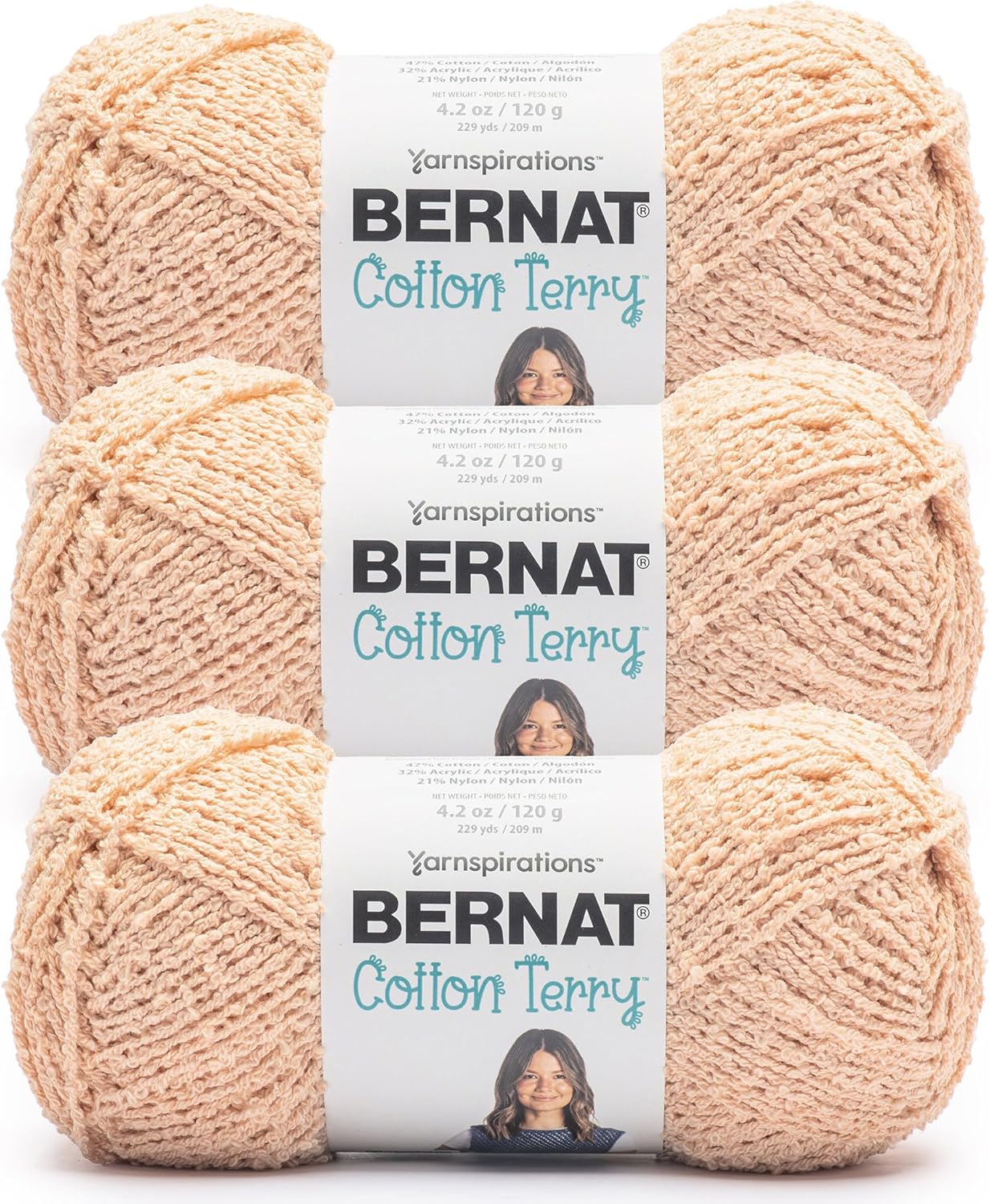 Bernat Cotton Terry Pale Peach Yarn - 3 Pack of 120 g / 4.2 oz - 47% Cotton 32% Acrylic 21% Nylon - #4 Worsted (Medium) - 209m /229Yards - for Knitting, Crochet and Amigurumi
