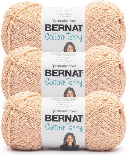 Bernat Cotton Terry Pale Peach Yarn - 3 Pack of 120 g / 4.2 oz - 47% Cotton 32% Acrylic 21% Nylon - #4 Worsted (Medium) - 209m /229Yards - for Knitting, Crochet and Amigurumi