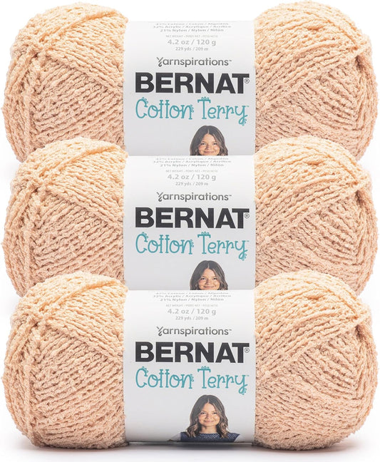 Bernat Cotton Terry Pale Peach Yarn - 3 Pack of 120 g / 4.2 oz - 47% Cotton 32% Acrylic 21% Nylon - #4 Worsted (Medium) - 209m /229Yards - for Knitting, Crochet and Amigurumi