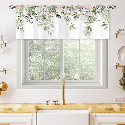 Pink Rose Valances Kitchen Curtains Flower Eucalyptus Botanical Leaves Window Drapes Floral Plants Bedroom Bathroom Living Room Treatment Tier 1 Panel 52Wx18H Inch