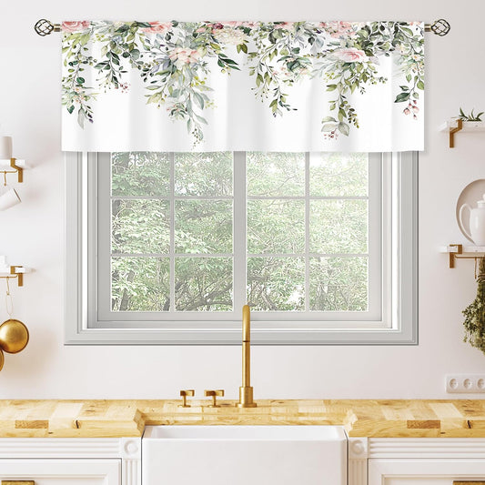 Pink Rose Valances Kitchen Curtains Flower Eucalyptus Botanical Leaves Window Drapes Floral Plants Bedroom Bathroom Living Room Treatment Tier 1 Panel 52Wx18H Inch