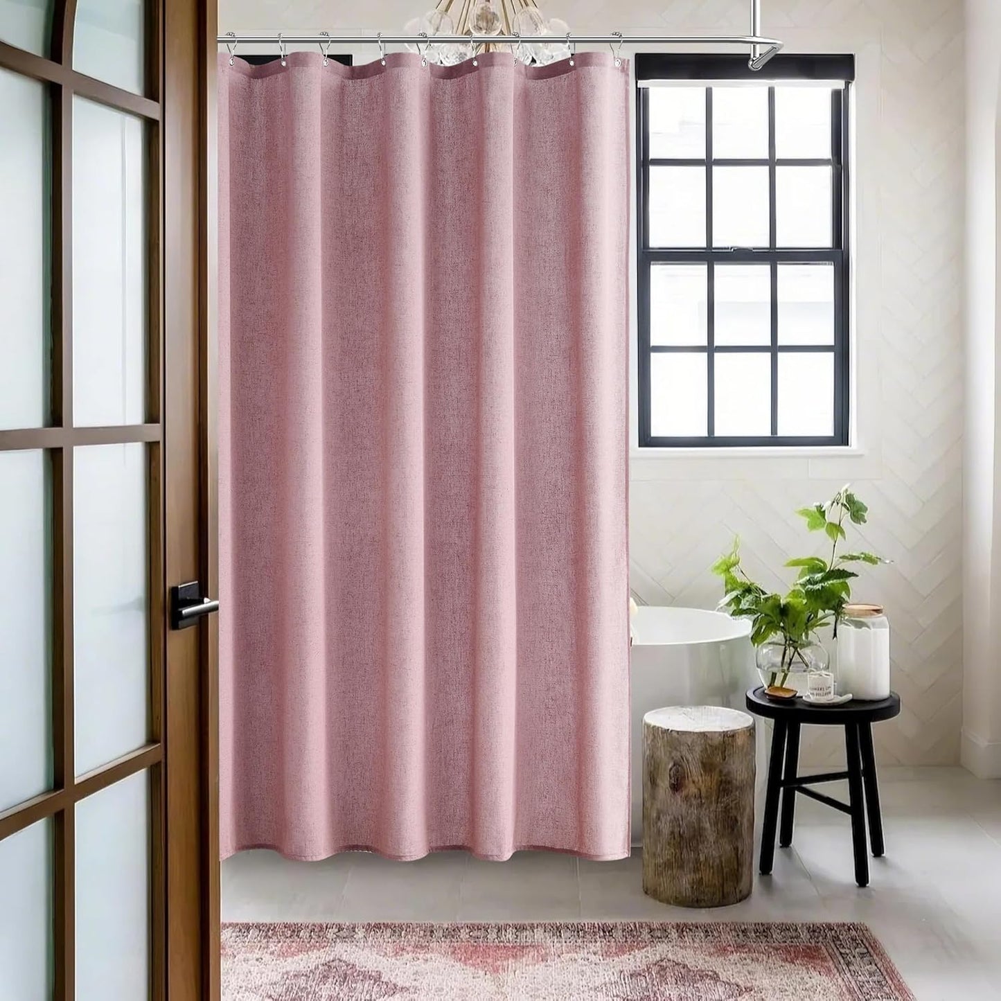 Blush Pink Linen Shower Curtain, Boho Farmhouse Shower Curtain Set for Bathroom, 200GSM Luxury Weighted Water Resistant Fabric Textured Shower Curtains with 12 Metal Hooks, 72Wx72H