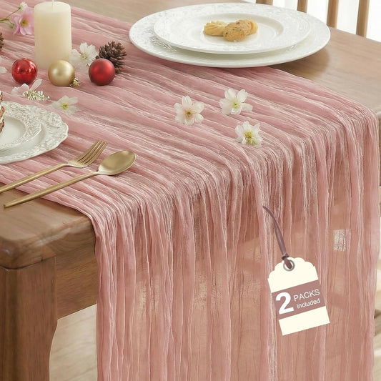 IVAPUPU 2 Pcs Cheesecloth Table Runner - 10ft Dusty Pink Boho Rustic Gauze Cheese Cloth Table Runner for Baby Shower Decorations Wedding Party Summer Garden Farmhouse Decor