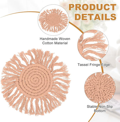 uxcell 2Pcs Boho Coasters, Round Handmade Woven Absorbent Coasters with Tassel Farmhouse Cup Mat Table Protection for Coffee Drink Mug Home Office Decor Housewarming Gift, Lotus Root Pink