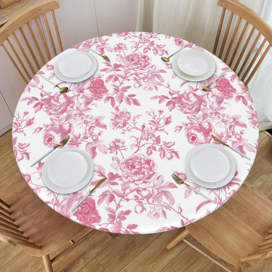 KiuLoam Vintage Pink Floral Round Tablecloth Spring Flower Table Cover with Elastic Edge Washable Fitted Table Cloth for Kitchen Patry Outdoor Decor Fits 40"-44", Small