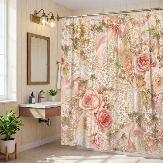 Roses Shower Curtain, Vintage Romantic Lace Bows Spring Peach Waterproof Fabric Decorative Bathroom Curtain for Home Bathroom Toile Hotel Decor 72x78 Inch