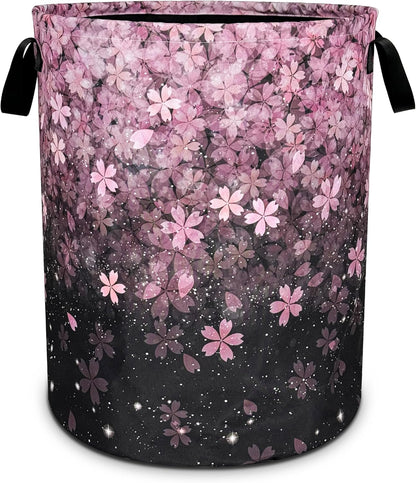 Cherry Blossoms Laundry Basket Pink Flowers Foldable Oxford Cloth Funny Tote Bag Laundry Hamper Clothes Storage Bucket Organizer For Bathroom/Laundry Storage/Bedroom 18.9x16.5 Inch