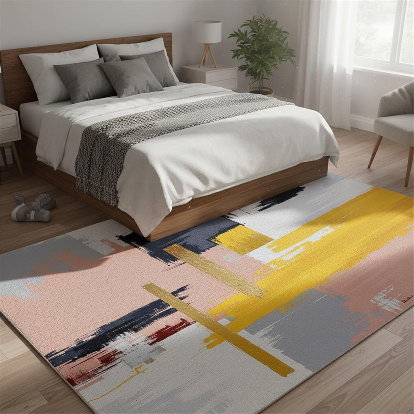 Modern Abstract Textured Area Rug 4x6 Light Pink Yellow Grey Art Aesthetic Deco Indoor Carpet for Living Room Bedroom Dining Room Soft Washable Non Slip Rugs Nursery Dorm Kitchen Office Floor Mats
