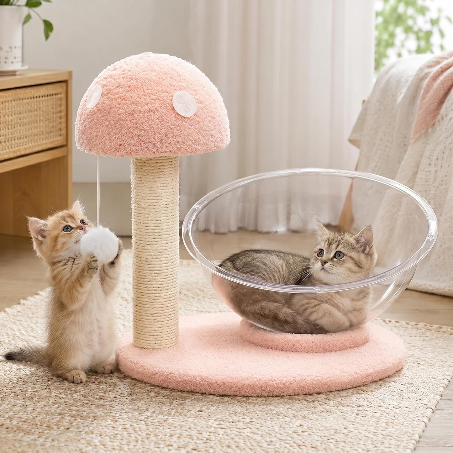 Mushroom Cat Tree for Kittens and Small Cats, 14.17" Cat Scratching Post with Clear Bowl Bed, Pink Sisal Scratcher with Pom Pom Toy, Stable Plush Base, Easy Assembly for Indoor Cats